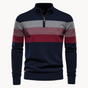 Men's long-sleeve striped quarter-zip sweater with mock neck and ribbed trims