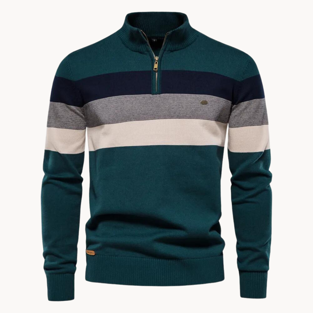 Men's long-sleeve striped quarter-zip sweater with mock neck and ribbed trims