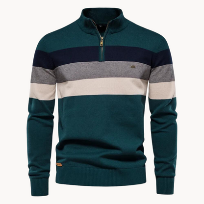 Men's long-sleeve striped quarter-zip sweater with mock neck and ribbed trims