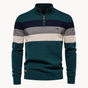 Men's long-sleeve striped quarter-zip sweater with mock neck and ribbed trims