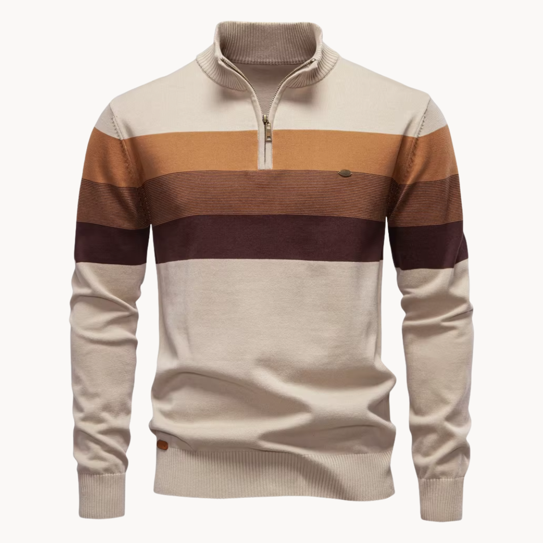 Men's long-sleeve striped quarter-zip sweater with mock neck and ribbed trims