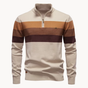 Men's long-sleeve striped quarter-zip sweater with mock neck and ribbed trims