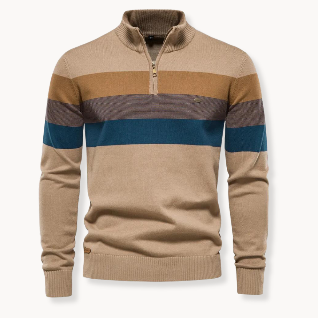 Men's long-sleeve striped quarter-zip sweater with mock neck and ribbed trims