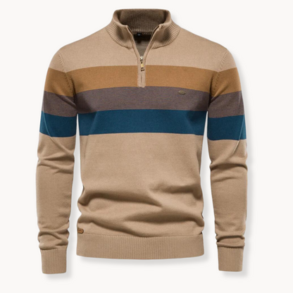 Men's long-sleeve striped quarter-zip sweater with mock neck and ribbed trims