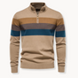 Men's long-sleeve striped quarter-zip sweater with mock neck and ribbed trims