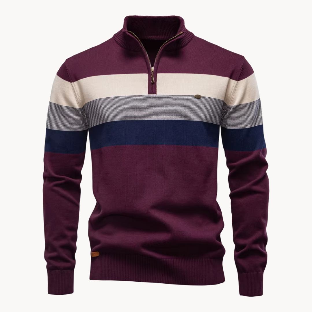 Men's long-sleeve striped quarter-zip sweater with mock neck and ribbed trims