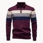 Men's long-sleeve striped quarter-zip sweater with mock neck and ribbed trims