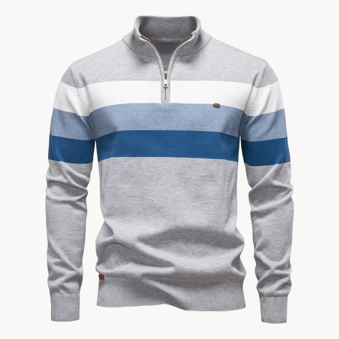 Men's long-sleeve striped quarter-zip sweater with mock neck and ribbed trims