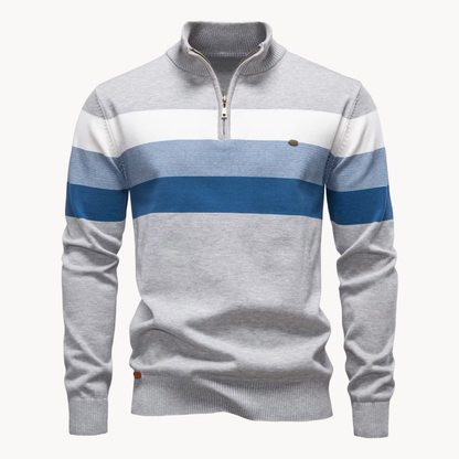 Men's long-sleeve striped quarter-zip sweater with mock neck and ribbed trims