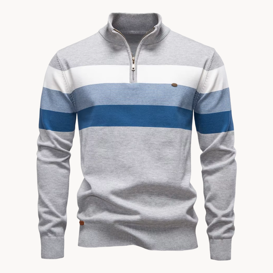 Men's long-sleeve striped quarter-zip sweater with mock neck and ribbed trims