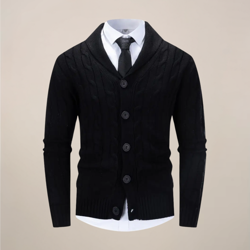 Men's cable knit shawl collar cardigan with button front