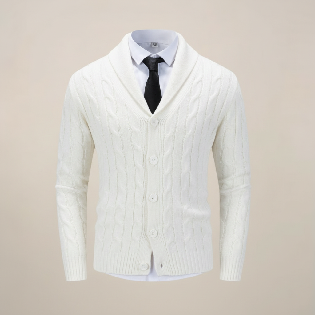 Men's cable knit shawl collar cardigan with button front