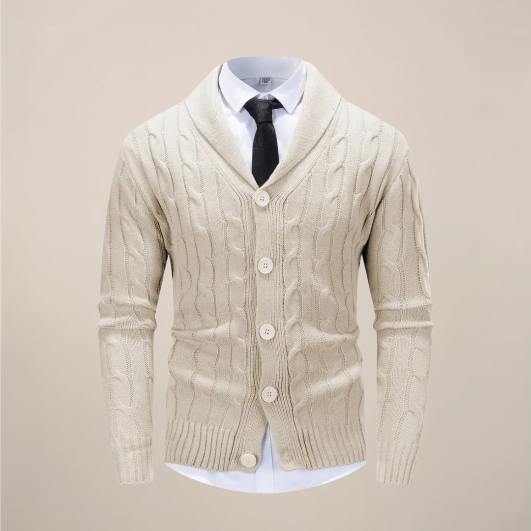 Men's cable knit shawl collar cardigan with button front