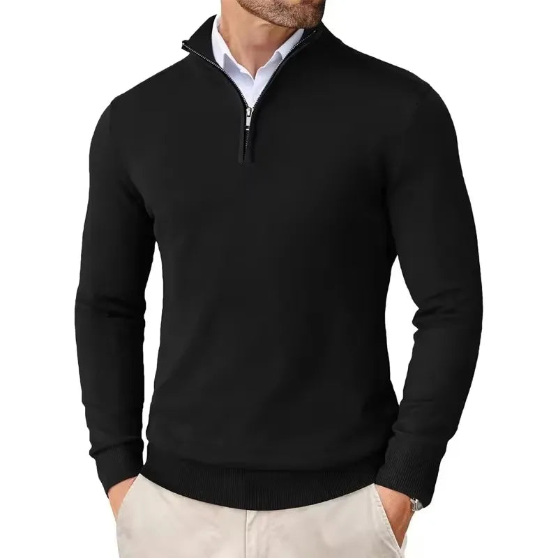Men's slim fit quarter zip sweater with mock neck and long sleeves