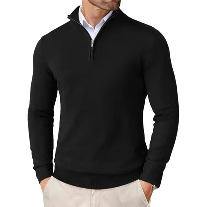 Men's slim fit quarter zip sweater with mock neck and long sleeves