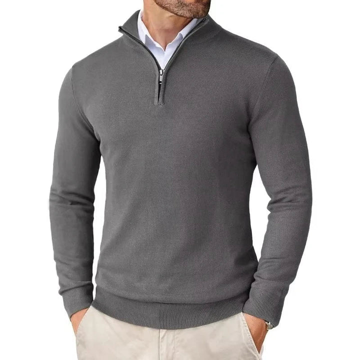 Men's slim fit quarter zip sweater with mock neck and long sleeves