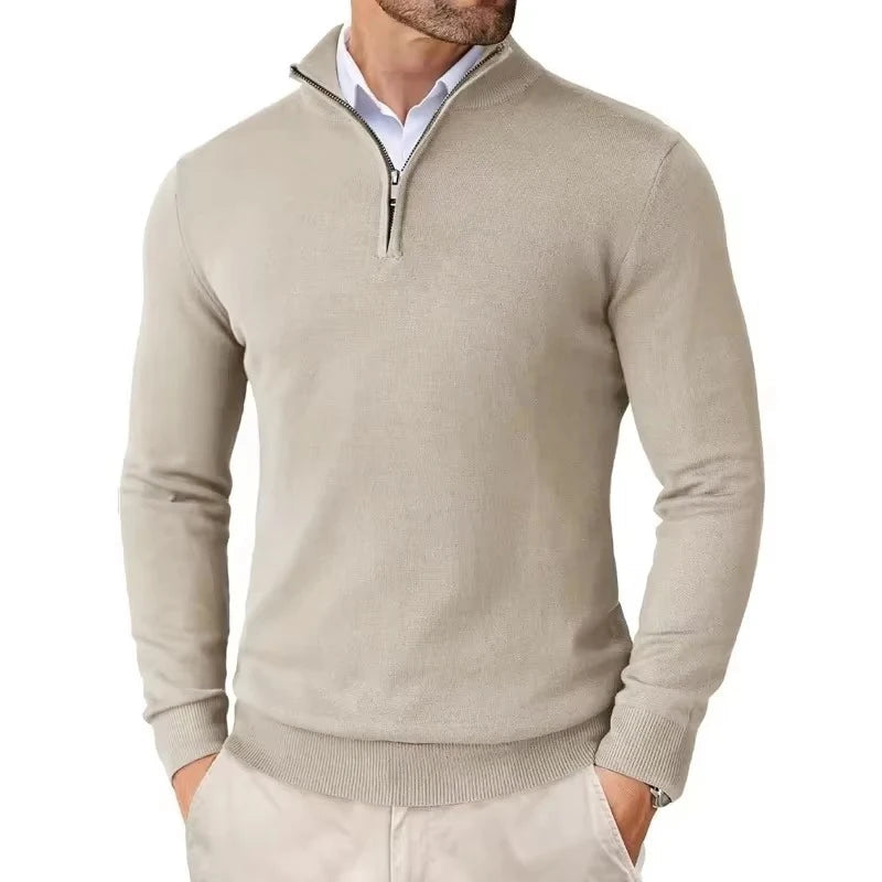 Men's slim fit quarter zip sweater with mock neck and long sleeves