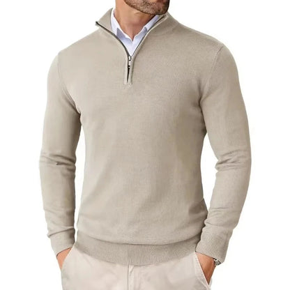 Men's slim fit quarter zip sweater with mock neck and long sleeves