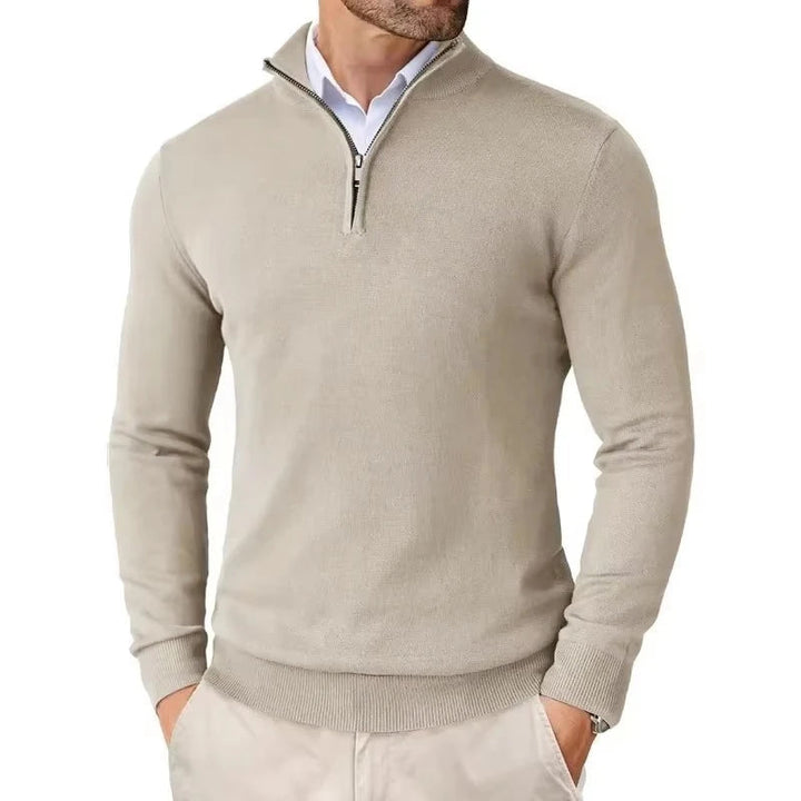 Men's slim fit quarter zip sweater with mock neck and long sleeves