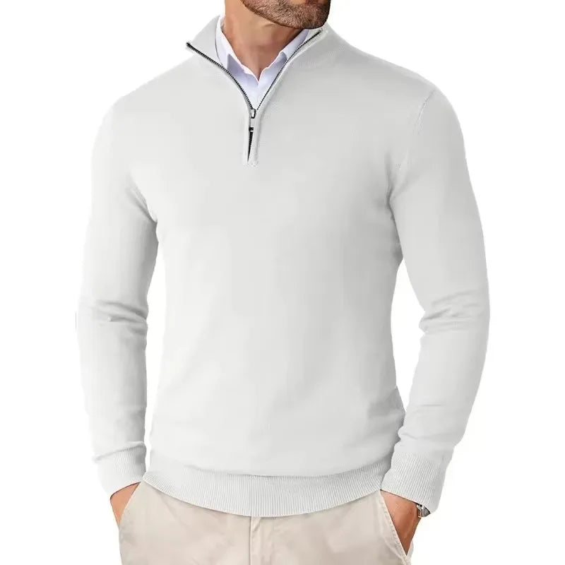 Men's slim fit quarter zip sweater with mock neck and long sleeves