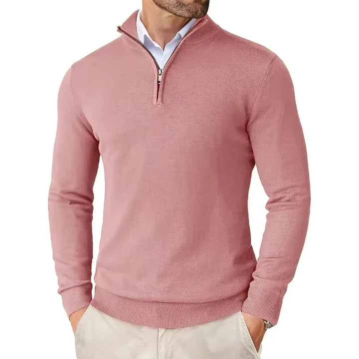 Men's slim fit quarter zip sweater with mock neck and long sleeves