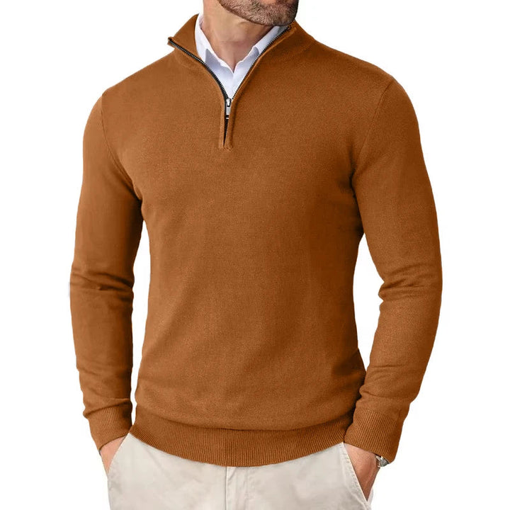 Men's slim fit quarter zip sweater with mock neck and long sleeves