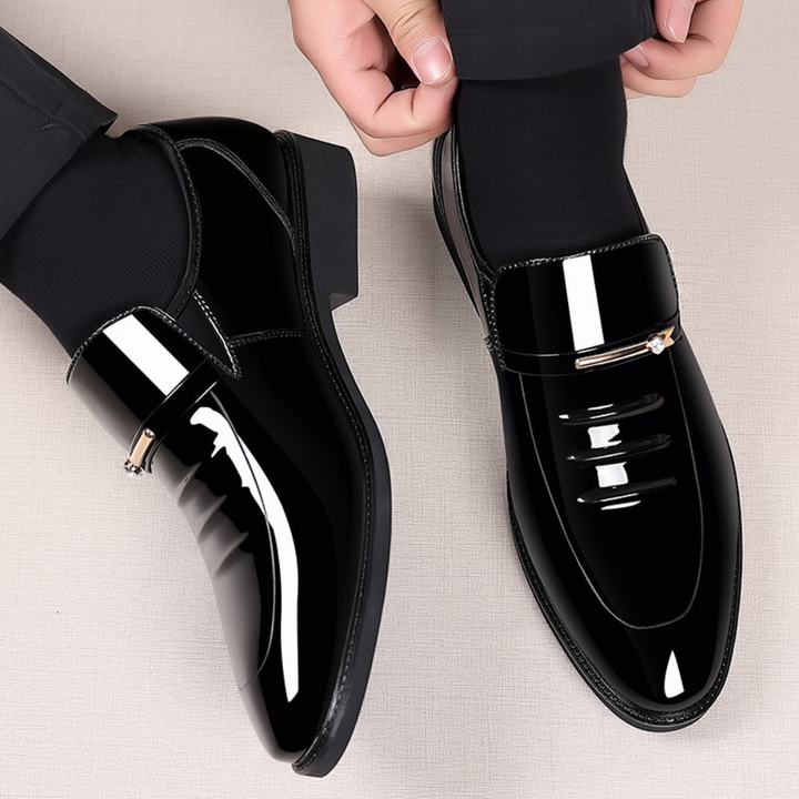 Men's patent slip-on loafer with almond toe and metallic bar