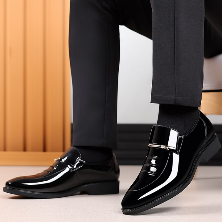 Men's patent slip-on loafer with almond toe and metallic bar