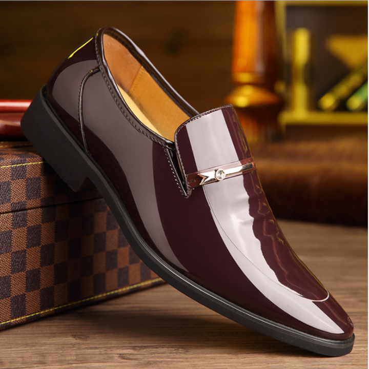 Men's patent slip-on loafer with almond toe and metallic bar
