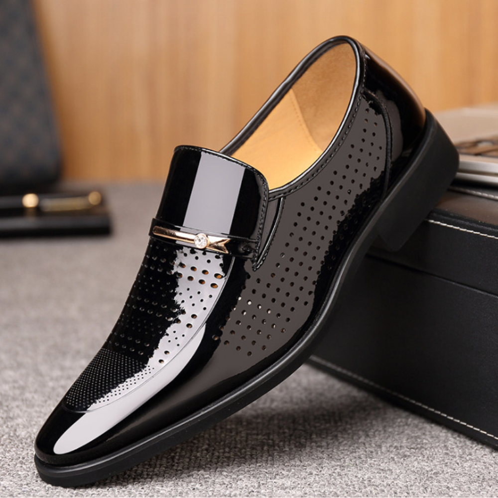 Men's patent slip-on loafer with almond toe and metallic bar