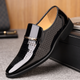 Men's patent slip-on loafer with almond toe and metallic bar