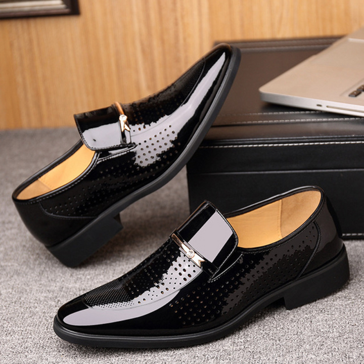 Men's patent slip-on loafer with almond toe and metallic bar
