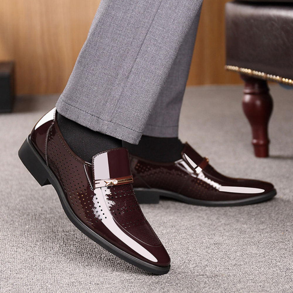 Men's patent slip-on loafer with almond toe and metallic bar