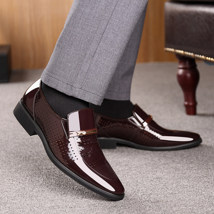 Men's patent slip-on loafer with almond toe and metallic bar