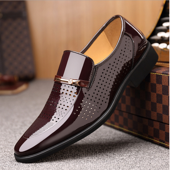 Men's patent slip-on loafer with almond toe and metallic bar