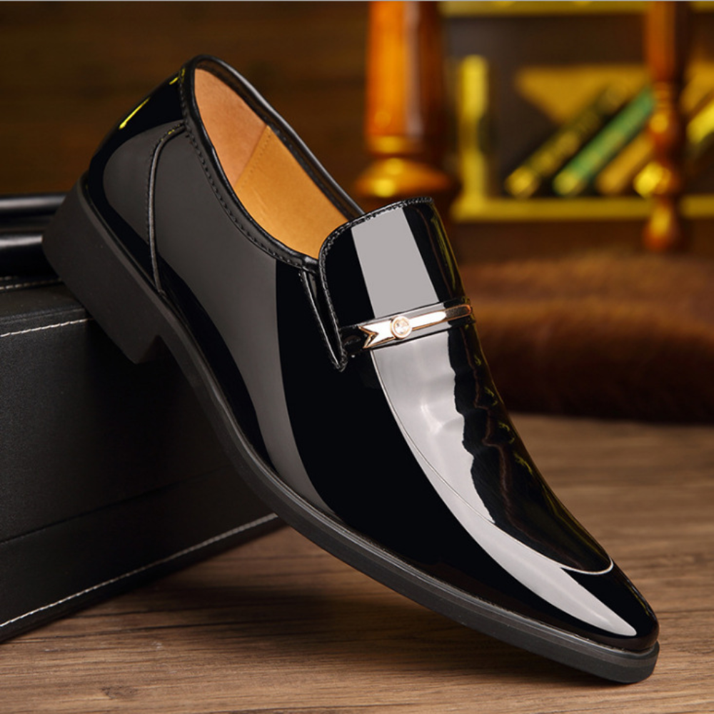 Men's patent slip-on loafer with almond toe and metallic bar