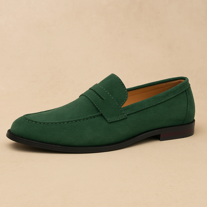 Men's penny loafers with rounded toes, vamp straps and low heels