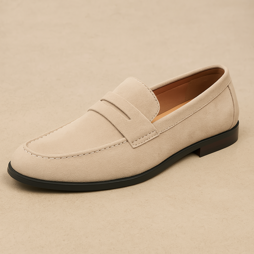 Men's penny loafers with rounded toes, vamp straps and low heels
