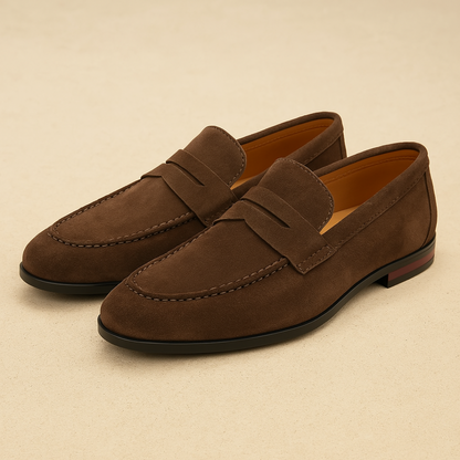 Men's penny loafers with rounded toes, vamp straps and low heels