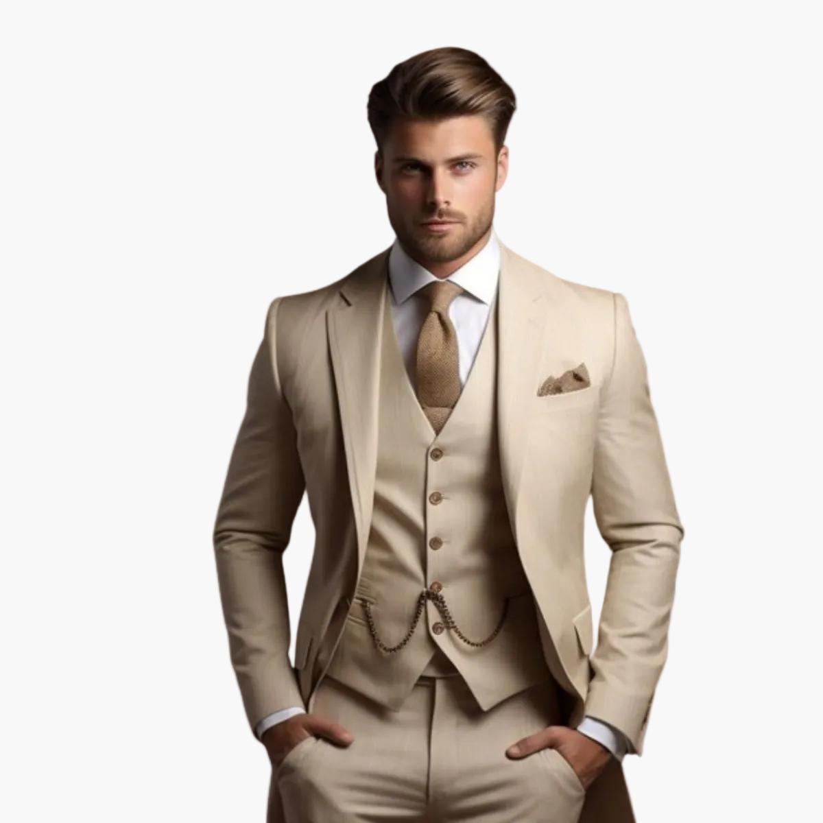Men's three-piece slim fit suit with buttoned waistcoat, tailored jacket and trousers