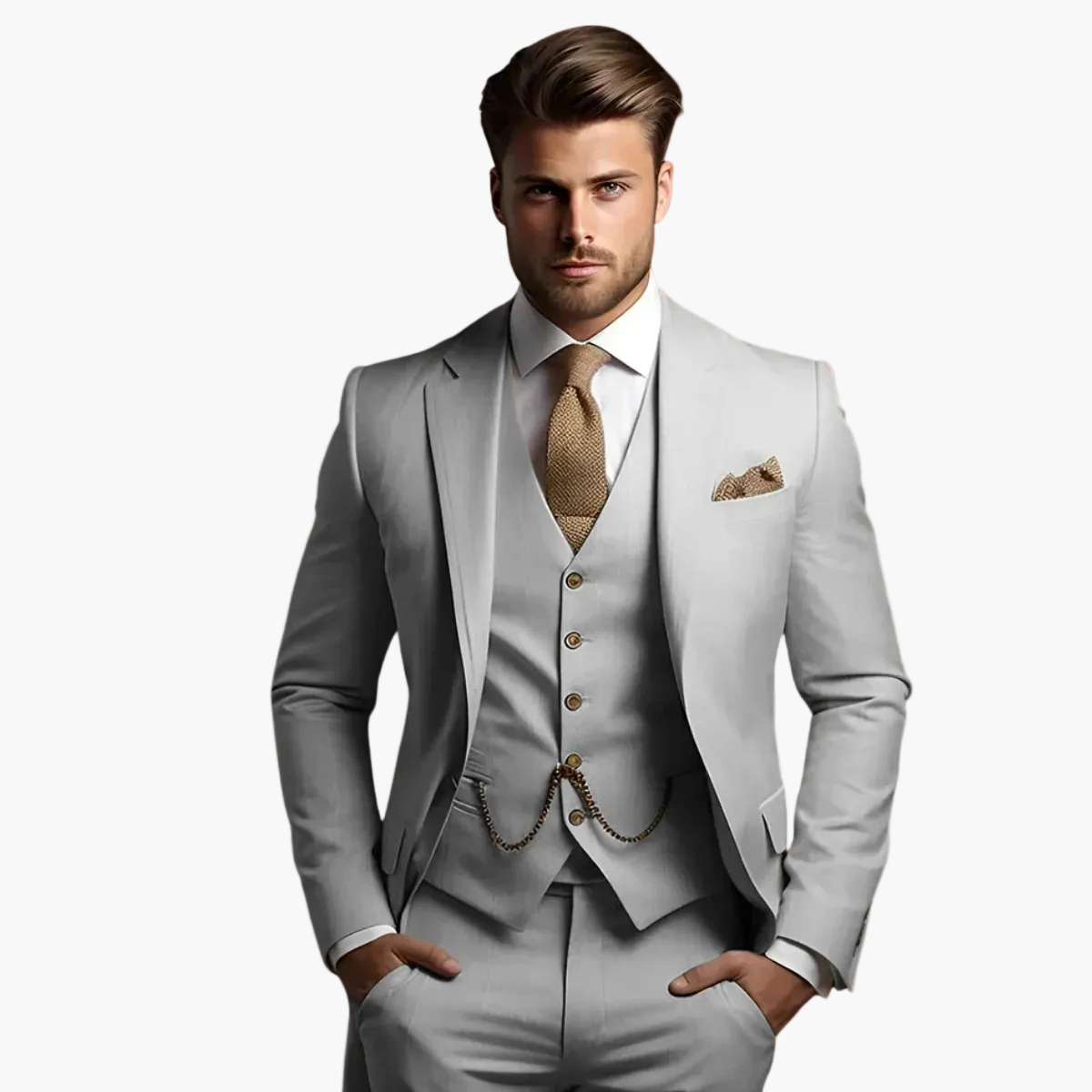 Men's three-piece slim fit suit with buttoned waistcoat, tailored jacket and trousers