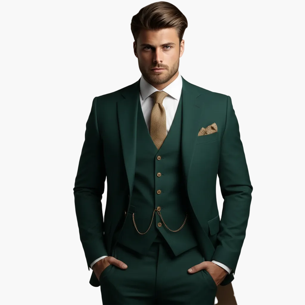 Men's three-piece slim fit suit with buttoned waistcoat, tailored jacket and trousers