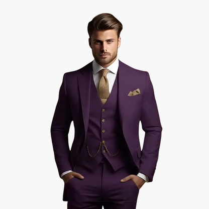 Men's three-piece slim fit suit with buttoned waistcoat, tailored jacket and trousers