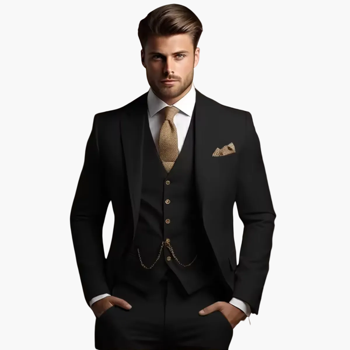 Men's three-piece slim fit suit with buttoned waistcoat, tailored jacket and trousers