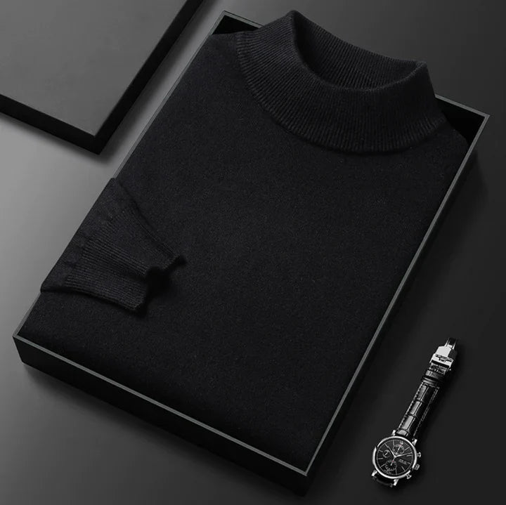 Men's plain turtleneck sweater with long sleeves and ribbed trims