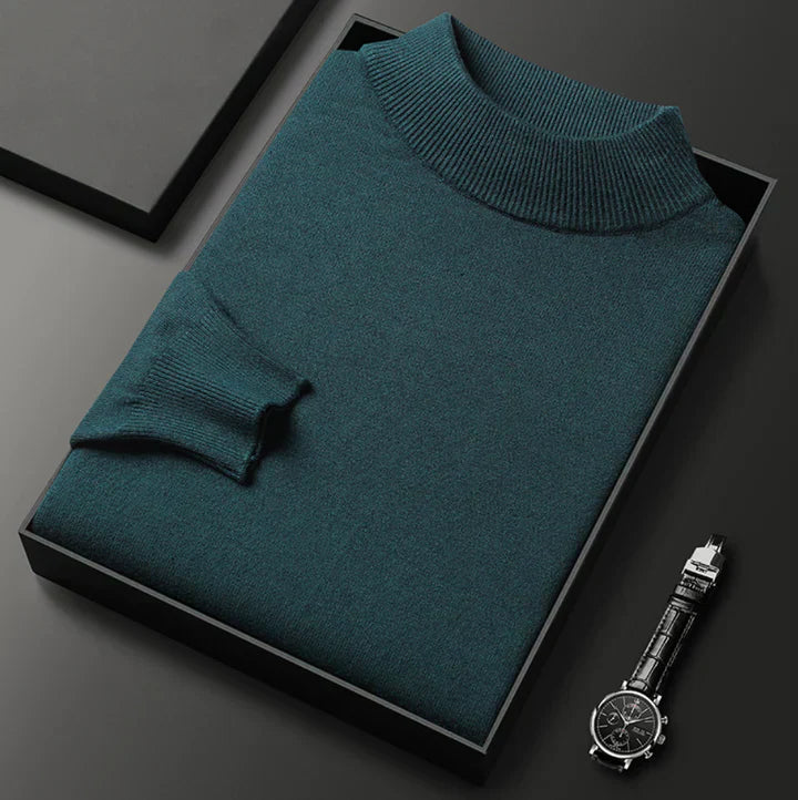 Men's plain turtleneck sweater with long sleeves and ribbed trims
