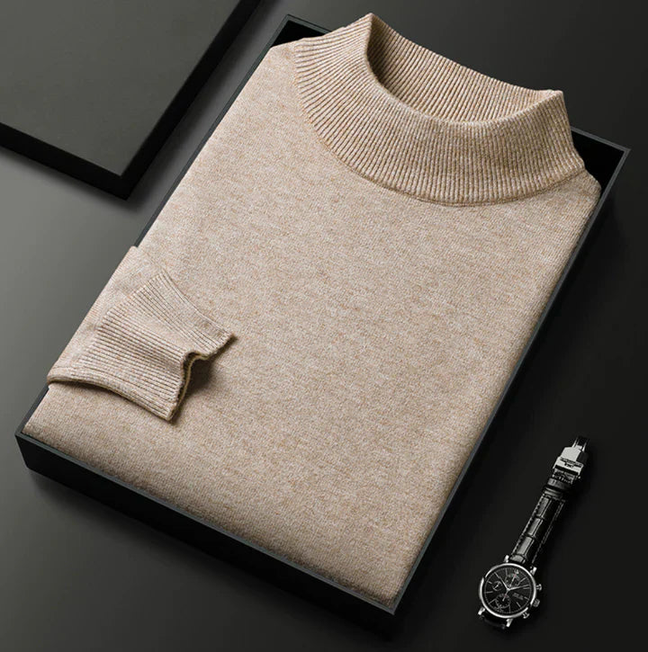 Men's plain turtleneck sweater with long sleeves and ribbed trims