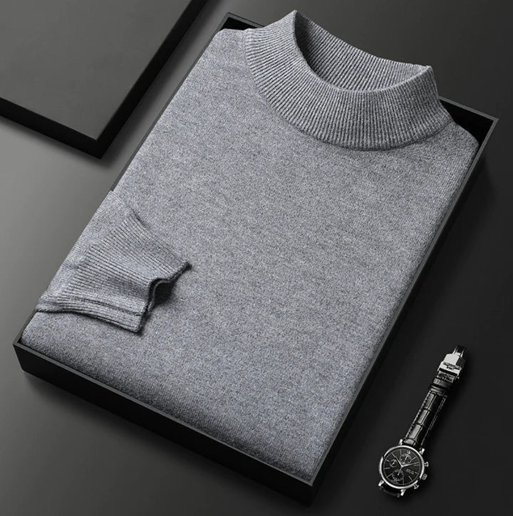 Men's plain turtleneck sweater with long sleeves and ribbed trims