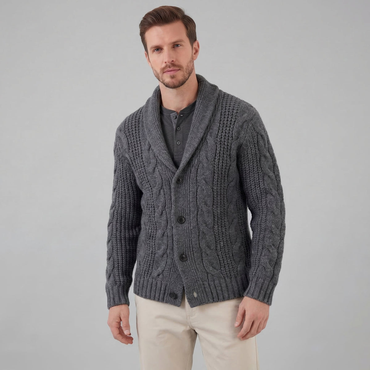 Men's cable knit shawl collar cardigan with button front