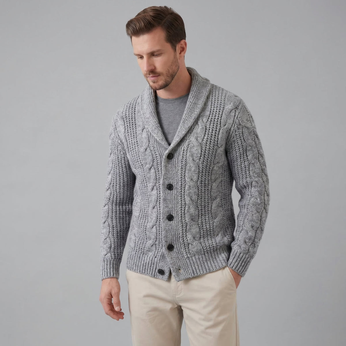 Men's cable knit shawl collar cardigan with button front